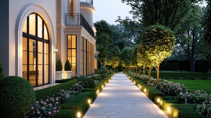 A luxurious garden pathway illuminated by soft LED lights, winding through sculpted evergreen shrubs, ornamental grasses, and vibrant rose bushes