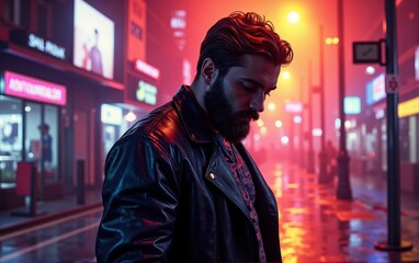 Fototapeta premium Man in Leather Jacket on Neon-Lit City Street at Night