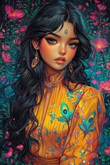 Enchanting Woman in Yellow Peacock Dress with Floral Background