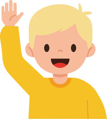 Obraz premium Cheerful young boy with blonde hair waving enthusiastically in a bright yellow shirt in a flat vector illustration