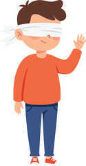 Child in a blindfold, playfully waving hand while wearing casual clothes in a minimal and cheerful style vector art