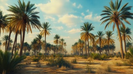 Palm grove oasis desert landscape sunrise