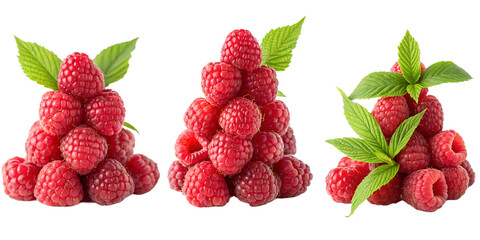 Stack of fresh raspberries with water droplets, sweet red raspberries, Cut Out