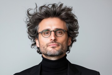 Creative portrait of a man with curly hair and glasses in a black turtleneck against a gray background