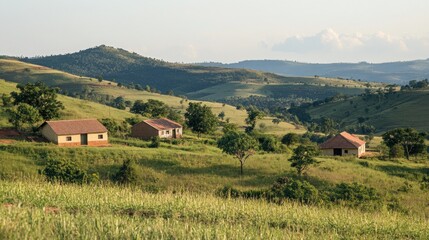 Fototapeta premium Rural homes nestled in rolling hills of Southern Africa