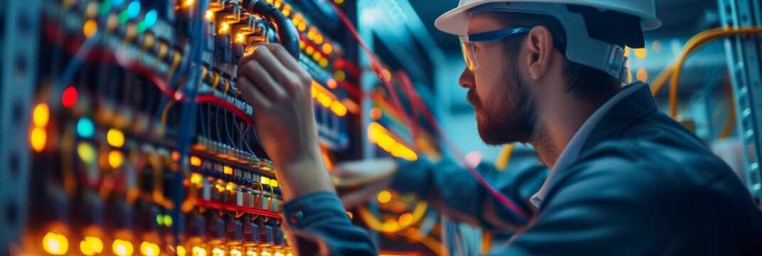 electrician and engineer work on an electrical circuit with many cables for communication and data transfer