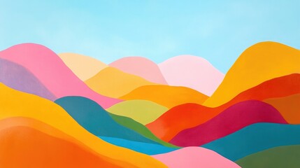 Colorful Abstract Landscape with Rolling Hills and Clear Blue Sky in Minimalist Style
