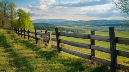 Fototapeta premium Rustic farm fence with a scenic countryside background. 