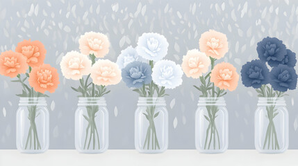 Colorful Carnations in Mason Jars on a Grey Background