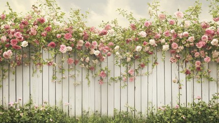 Fototapeta premium Springtime floral fence covered in blooming roses or cherry blossoms. 