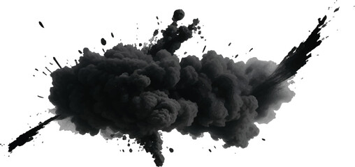 Hypnotic and Organic Black Smoke Cloud Explosion with a Dusty, Powdery Texture, Suspended 
in Motion Against a High-Definition White Background
