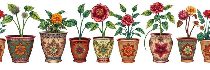 Botanical Beauty: Intricate Plant Pots on a Textured Tapestry