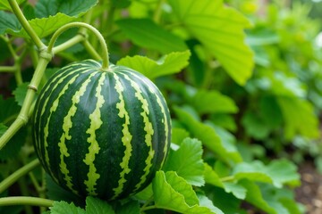 Watermelon growing on the vine surrounded by lush green leaves