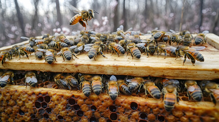Honeybees on beehive frame in blossom-covered forest