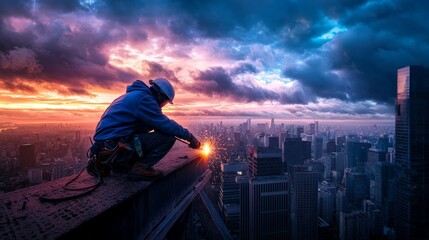 Fearless Worker Welding Steel Beam at Extreme Height During Sunset