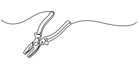 Construction wire cutters, pliers, vise grip, swagers one line art, Continuous one line drawing of pliers- engineer equipment. pliers in single line draw illustration. Editable stroke, pliers outline.