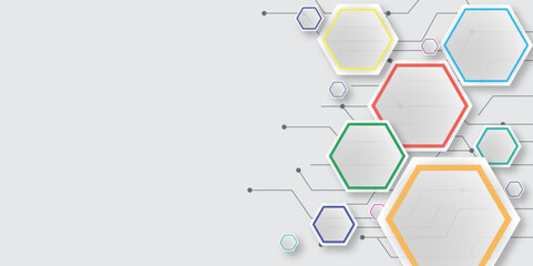 White and Colorful Hexagon Pattern for Web and Print Graphics. Abstract Tech-Inspired Hexagonal Composition for Branding. Illustration. Vector. Hexagon. 