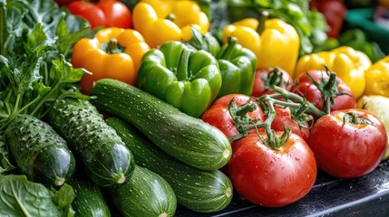 Fresh colorful vegetables display, market stall. Possible use Stock photography