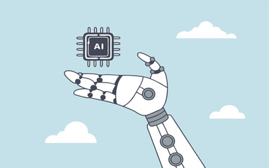 Generative AI artificial intelligence to generate output or answer question in automatic chat, deep learning or machine learning technology concept, robotic hand hold processor chip with the word AI.