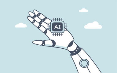 Generative AI artificial intelligence to generate output or answer question in automatic chat, deep learning or machine learning technology concept, robotic hand hold processor chip with the word AI.