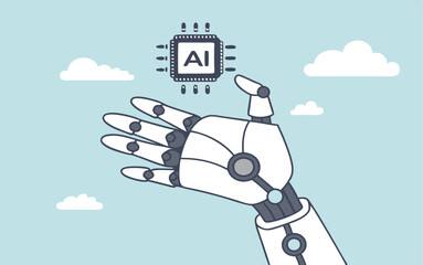 Generative AI artificial intelligence to generate output or answer question in automatic chat, deep learning or machine learning technology concept, robotic hand hold processor chip with the word AI.