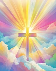 Glowing cross in radiant sky with heavenly light and soft clouds