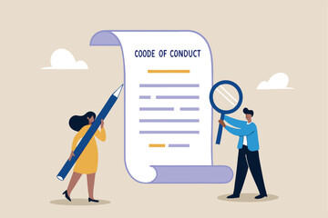 Code of conduct, ethical policy or rules, regulation or principles guideline for work responsibility, compliance document or company standard concept, businessman writing code of conduct document.