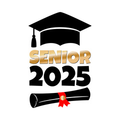 Vector illustration of Senior 2025 with graduation cap and diploma scroll on white background. Academic black hat with a tassel and a university diploma with quote senior 2025.