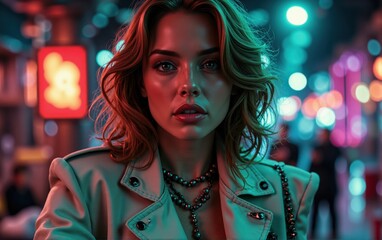 Fototapeta premium Portrait of Woman in Beige Leather Jacket with City Lights Background