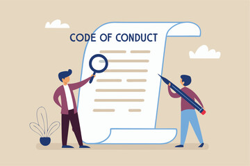Code of conduct, ethical policy or rules, regulation or principles guideline for work responsibility, compliance document or company standard concept, businessman writing code of conduct document.