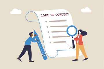 Code of conduct, ethical policy or rules, regulation or principles guideline for work responsibility, compliance document or company standard concept, businessman writing code of conduct document.