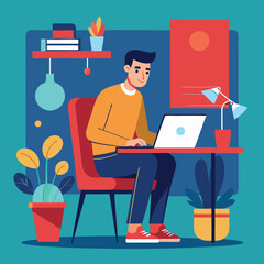 a boy is using his laptop vector	