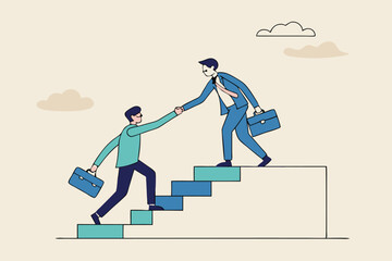 Business mentor or leadership help colleague to succeed and reach goal achieve target, mentorship, support or help career success, businessman leader help employee climb to target at top of stair.