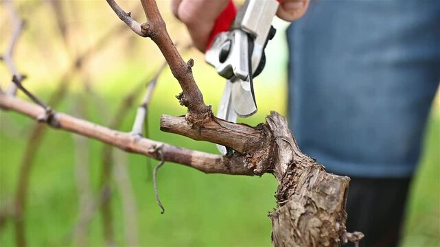 Close-up of the hands of the winemaker pruning the vineyard with professional steel scissors. Traditional agriculture. Winter pruning, Guyot method. Footage.