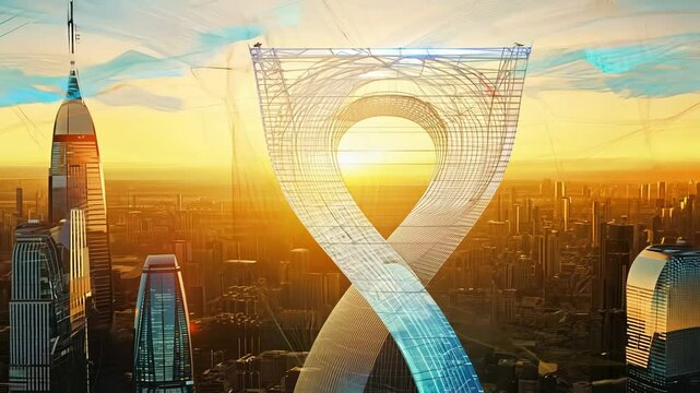 A stunning futuristic skyscraper in the shape of an infinity loop, with a digital interface, set against a sunset cityscape.
