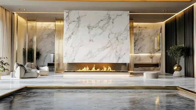 Luxurious interior design transforms an empty indoor pool into sleek marble floor, showcasing modern fireplace against marble wall creating sophisticated and relaxing atmosphere Concept of real estate
