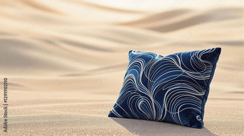 Poster a pillow with a blue and white pattern set against a backdrop of undulating sand dunes.