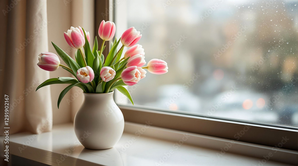 Poster a vase filled with pink tulips placed on a windowsill, with a curtain to the left and a glass window