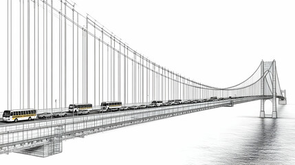 Naklejka premium Sketch of Bridge with Traffic Flowing