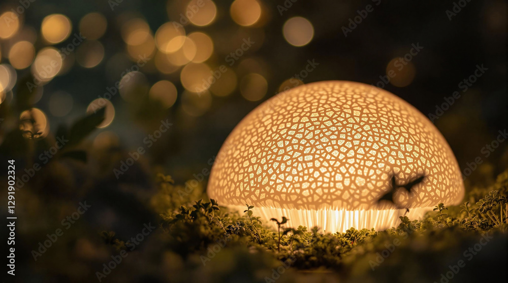 Poster A mushroom-shaped light emitting a soft glow, set against a blurred background with bokeh effects. The light casts a warm, golden hue, contrasting with the cool, dark tones of the night.
