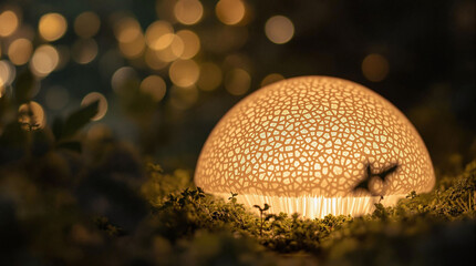 A mushroom-shaped light emitting a soft glow, set against a blurred background with bokeh effects. The light casts a warm, golden hue, contrasting with the cool, dark tones of the night.