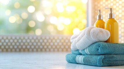 Soft towels stacked with vibrant bottles in serene bathroom setting, creating relaxing atmosphere. warm light enhances tranquil vibe, perfect for spa like experience