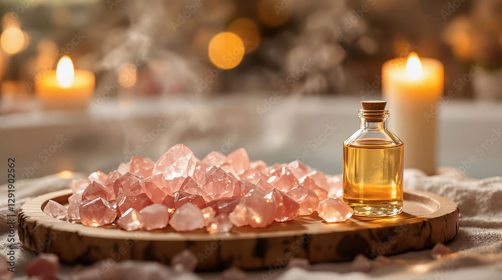 Poster a wooden surface adorned with a bottle of rose quartz essential oil and a pile of pink himalayan sal