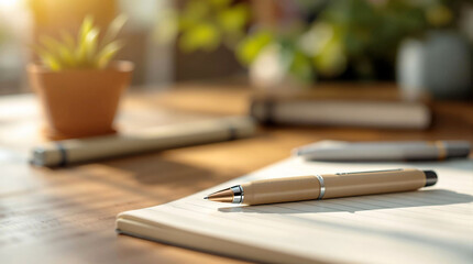 A wooden table with a notebook and a pen placed on it, accompanied by a potted plant to the left. The background is slightly blurred, suggesting a shallow depth of field, and there is a watermark at t