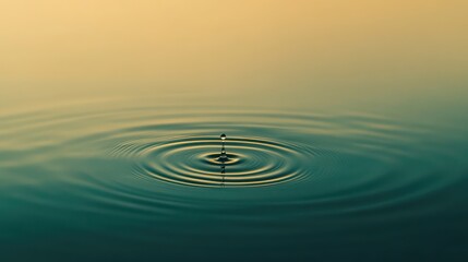  single water droplet hitting a smooth lake, forming a perfect series of symmetrical ripples 