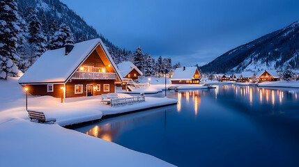 Fototapeta premium Snowy mountain cabins reflect on a tranquil lake at dusk; winter vacation