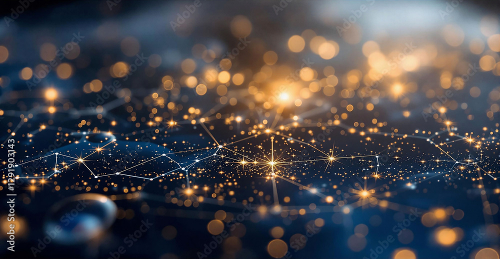 Poster A close-up of a digital screen with a network of glowing dots and lines, set against a blurred background with a bokeh effect.