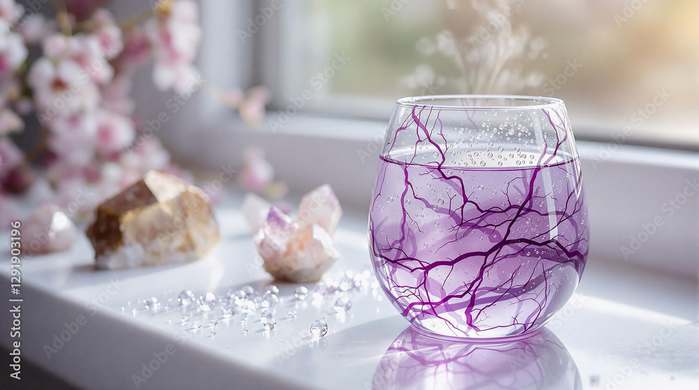 Poster a glass filled with water sitting on a window sill, surrounded by a few objects and flowers. the bac