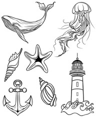 Large set of beautiful marine stickers - detailed Line Art design. templates for printing stickers and textiles