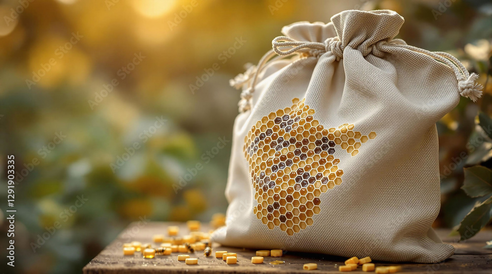 Poster A drawstring bag adorned with a honeycomb pattern, placed on a wooden surface beside a cluster of yellow corn kernels. The background is softly blurred, emphasizing the bag and its contents.